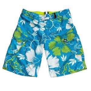 Zero Xposur Tropical Blue Green Swim Trunks Youth S  8 Beach Casual Shark Flower